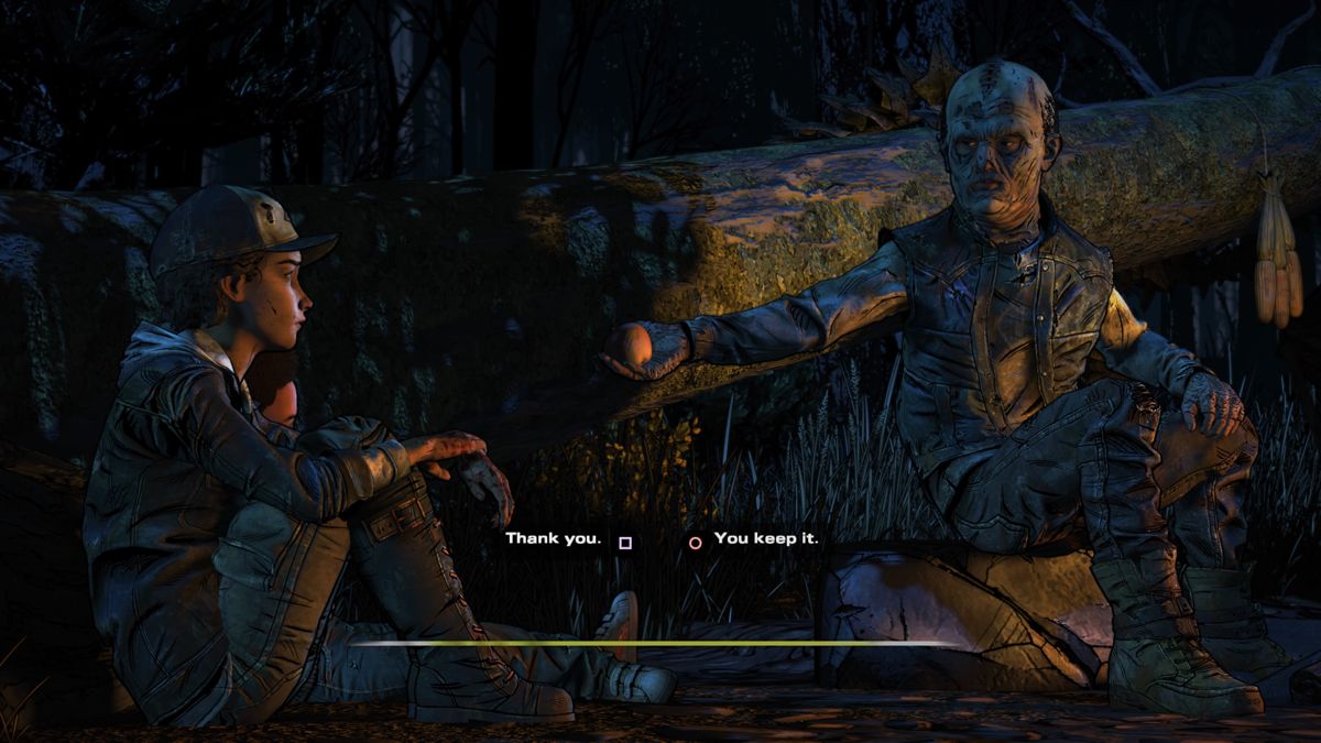 The Walking Dead: The Final Season (PlayStation 4) screenshot: Episode 2: The masked stranger is sharing what food he has with Clementine and AJ