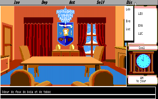 Mortville Manor (DOS) screenshot: Dining room. To the right is a list of people present