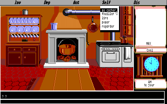 Mortville Manor (DOS) screenshot: Kitchen. Opening the "self" menu - one of the actions is "hide"