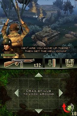 Brothers in Arms DS (Nintendo DS) screenshot: Stuck on the tree with German forces fighting on the ground below you.