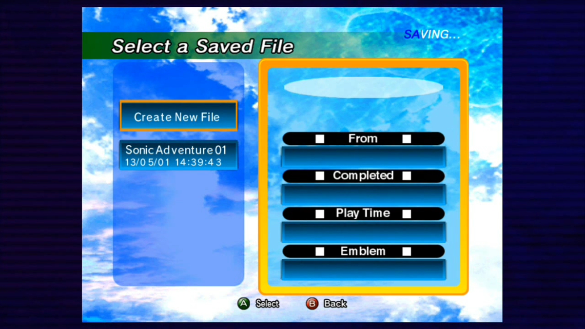 Sonic Adventure (Xbox 360) screenshot: Save select