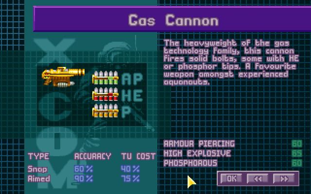 X-COM: Terror from the Deep (Windows) screenshot: Human weapons are too weak to fight tougher aliens, so you'll have to research alien technology.