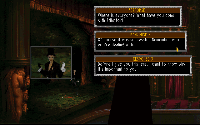 Noctropolis (DOS) screenshot: Some dialogues require you to choose responses. Try making your way through this conversation