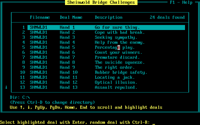 Micro Bridge Companion (DOS) screenshot: Sheinwold Bridge Challenges: The challenge menu