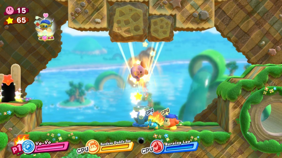 Kirby Star Allies (Nintendo Switch) screenshot: Getting launched from a cannon