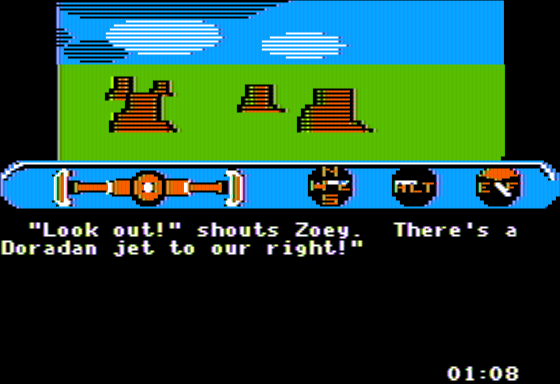 Escape (Apple II) screenshot: Enemy Jet Approaches