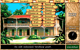 Maupiti Island (DOS) screenshot: In front of the trading post. Verb menu