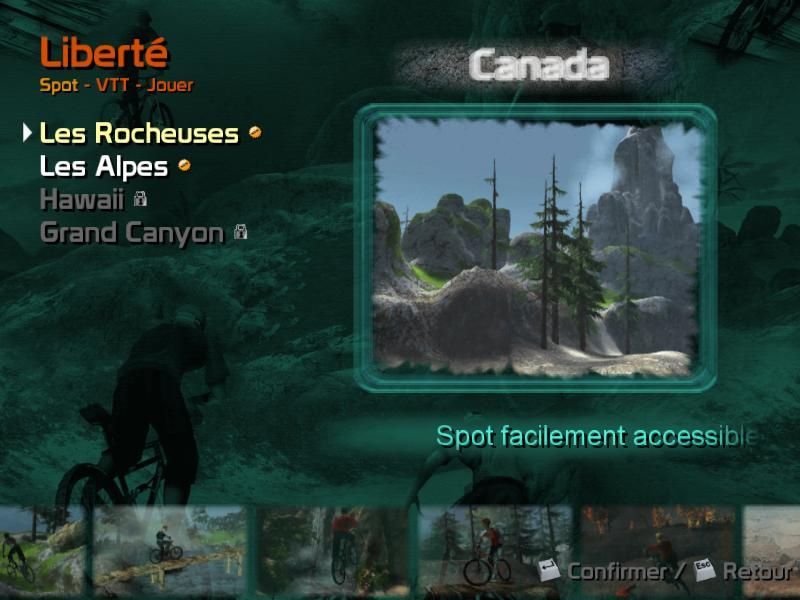 Mountain Bike Adrenaline (Windows) screenshot: then choose a spot, here, the Rockies