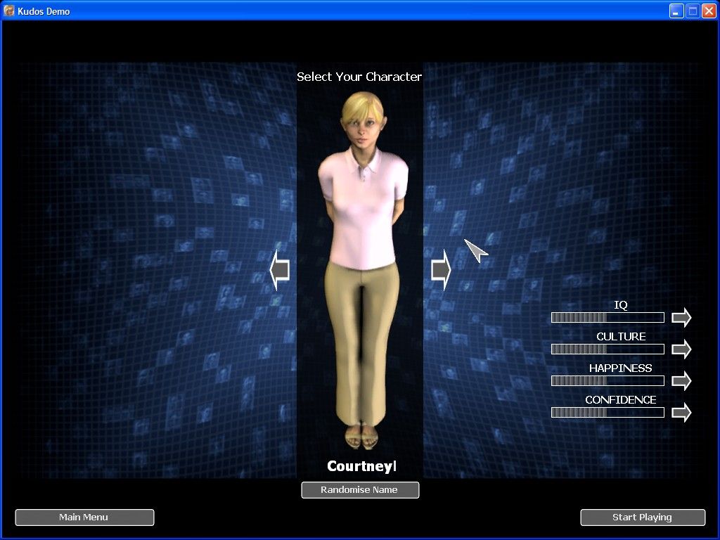 Kudos (Windows) screenshot: The start of a game. There are many preset characters to choose from but the demo has only one male and one female. This is Courtney and she's not very happy with life ...