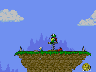 Superfrog (DOS) screenshot: Jump on spring