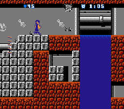Bats & Terry (NES) screenshot: Dim Base, you need a running start to make this jump so hold down the attack button (just like SMB)