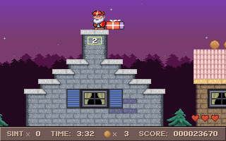 Sint Nicolaas (DOS) screenshot: Level 2, the first present is red but the chimney is green