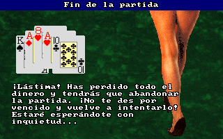 Strip Poker de Luxe (DOS) screenshot: When Paula starts to lose she suddenly gets a string of amazingly good hands. This is Game Over and Paula won