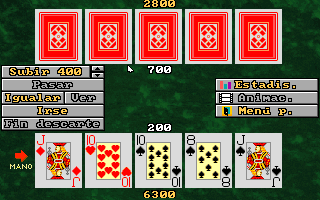 Strip Poker de Luxe (DOS) screenshot: The game is basic five card draw poker. There are options to pass, raise, fold etc on the left but all are in Spanish.