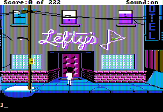 Leisure Suit Larry in the Land of the Lounge Lizards (Apple II) screenshot: Outside Lefty's Bar