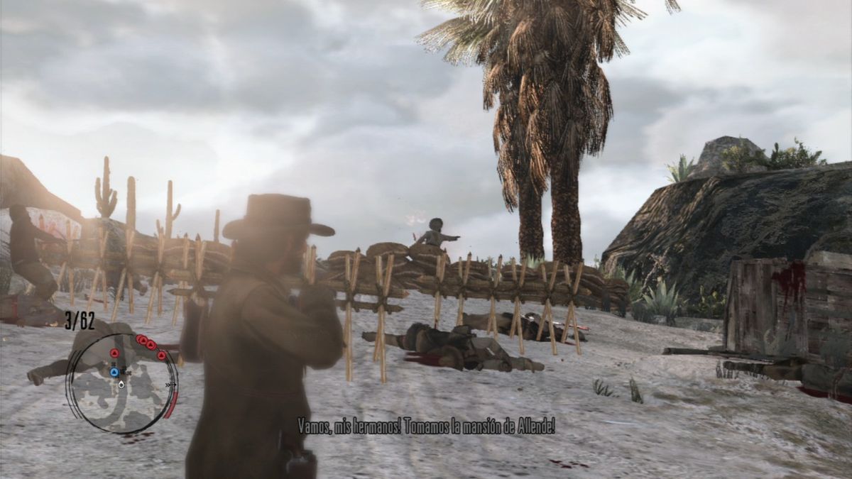 Red Dead Redemption (PlayStation 3) screenshot: Auto-aiming feature can be a great help with multiple enemy targets around, you need to holster and aim to reacquire new target every time.