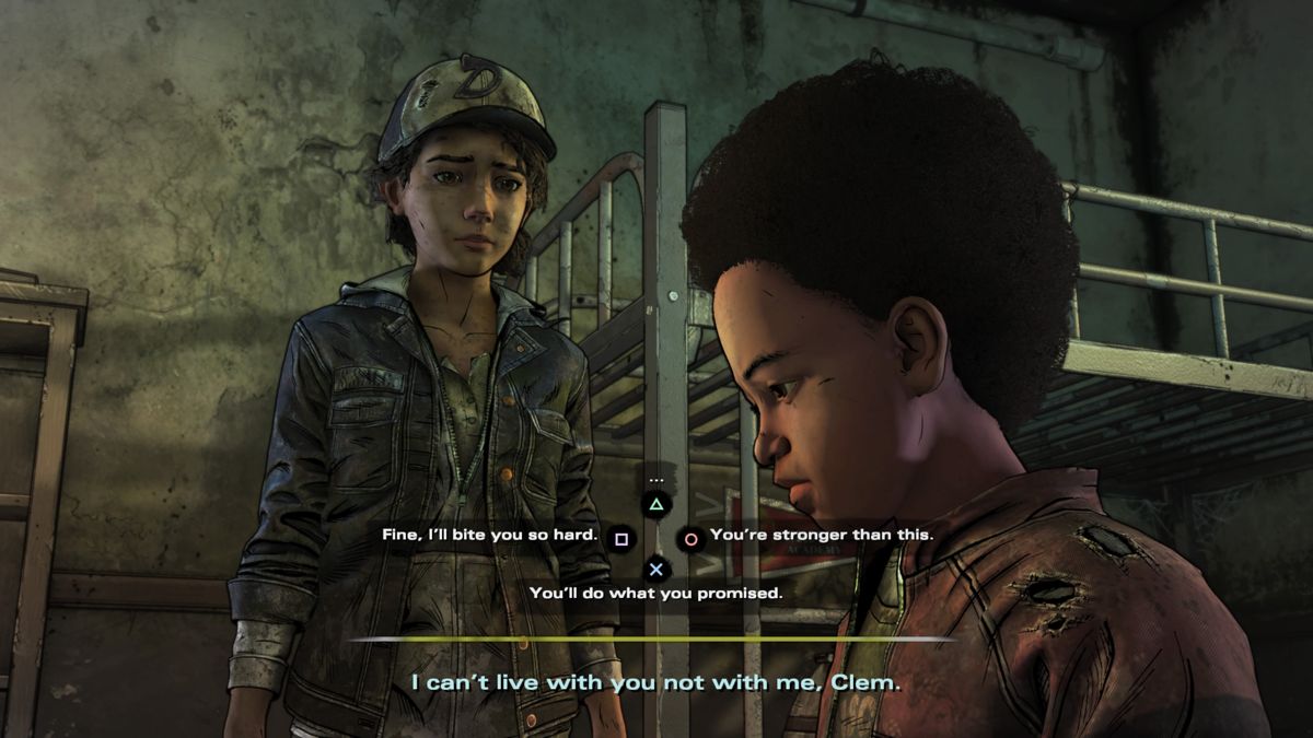 The Walking Dead: The Final Season (PlayStation 4) screenshot: Episode 3: AJ is worried about something happening to Clem