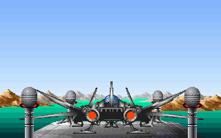 Zone 66 (DOS) screenshot: Ready for takeoff! This is supposed to be a Broadwing on the launch pad.