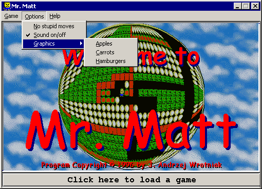 Mr. Matt (Windows) screenshot: The game can be configured via the menu bar options. here the player is selecting hamburgers as the item to be collected