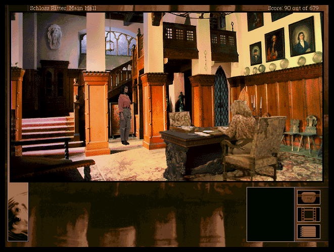 The Beast Within: A Gabriel Knight Mystery (Windows) screenshot: Playing with Grace. Starting in schloss Ritter.