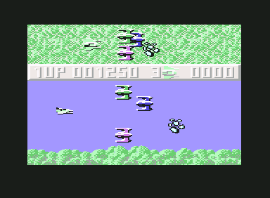 Sanxion (Commodore 64) screenshot: Overwhelmed above a lush forest.