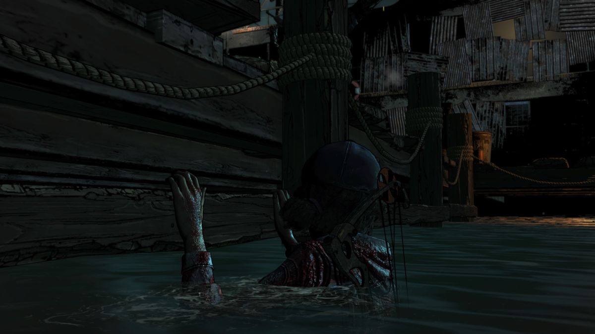 The Walking Dead: The Final Season (PlayStation 4) screenshot: Episode 3: The water will wash off our camouflage