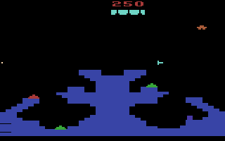 Gravitar (Atari 2600) screenshot: Try to destroy bunkers on the planet surface