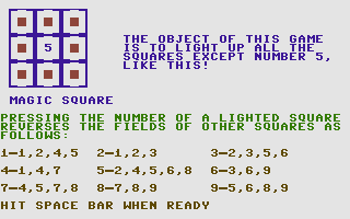 Mindbenders (Commodore 16, Plus/4) screenshot: Magic Square: instructions