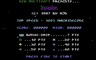 HJD Games (Commodore 16, Plus/4) screenshot: Invasion: Title Screen