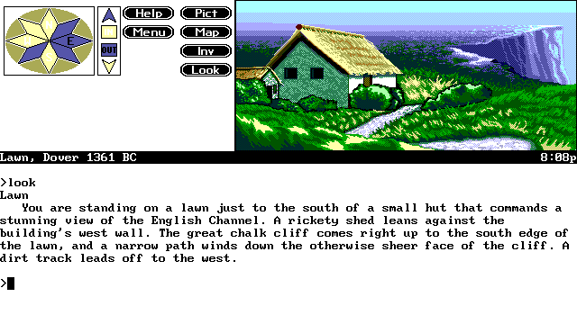 Timequest (DOS) screenshot: Dover looks too civilized and modern during its clearly prehistoric times...