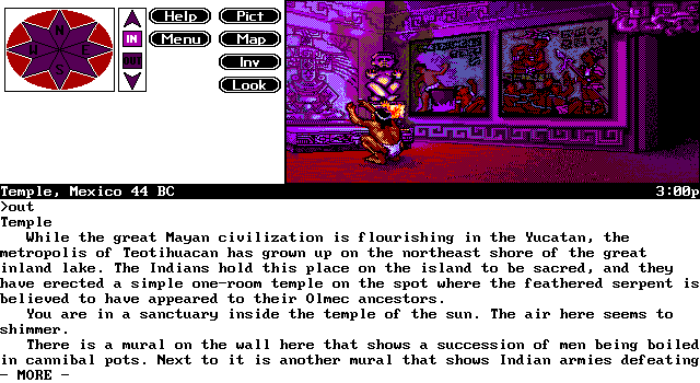 Timequest (DOS) screenshot: Mexico cannot be visited during all time periods. It's a more restricted area generally, and not much changes there