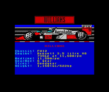 Grand Prix Circuit (ZX Spectrum) screenshot: Choosing a car - they're all McLaren-coloured