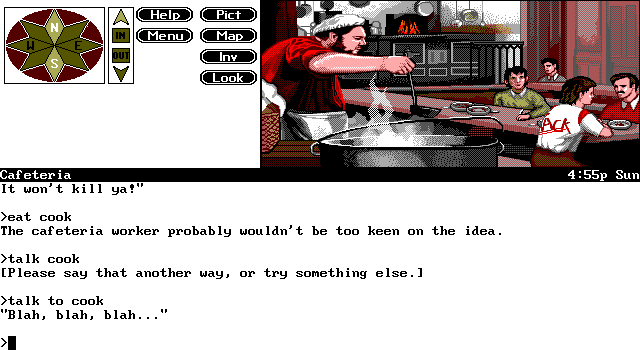 Spellcasting 201: The Sorcerer's Appliance (DOS) screenshot: The cafeteria hasn't changed - the game's reaction to my stubborn attempt to eat the cook has!..