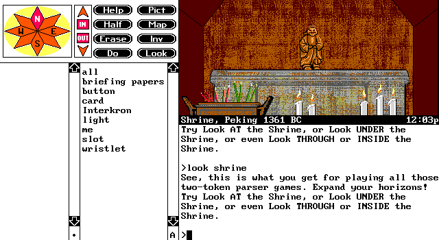 Timequest (DOS) screenshot: Exploring China in 1361 BC. There was no Peking at that time!.. The game teaches you about some commands