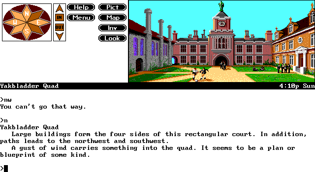 Spellcasting 201: The Sorcerer's Appliance (DOS) screenshot: Brand new on-campus locations open up - but, unlike the first game, you are pretty much stuck here all the time