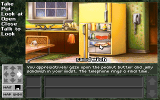 Companions of Xanth (DOS) screenshot: Don't forget to open your refrigerator and take everything you can see before leaving!..