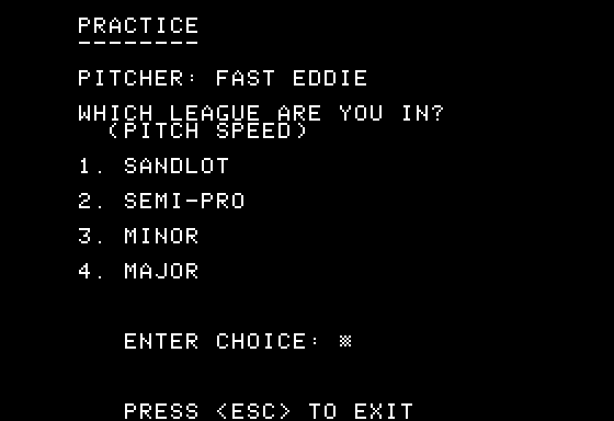 Dave Winfield's Batter Up! (Apple II) screenshot: Choosing a Difficulty Level