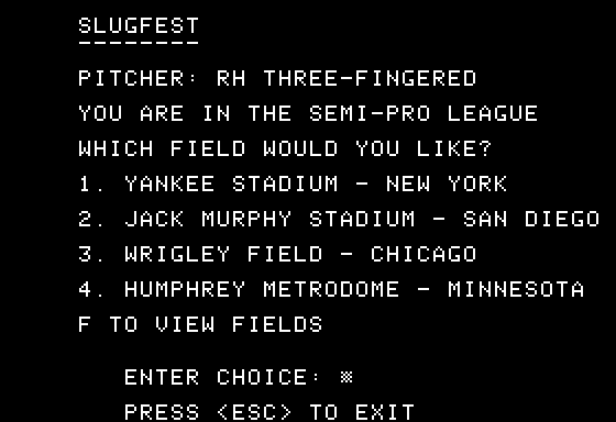 Dave Winfield's Batter Up! (Apple II) screenshot: Choosing a Field