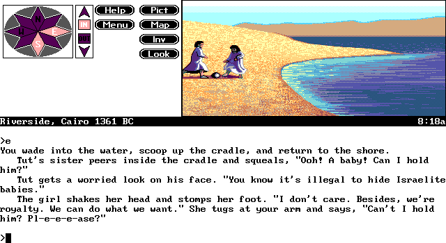 Timequest (DOS) screenshot: In one of the game's most memorable scenes, the royal children of Egypt find... Baby Moses!