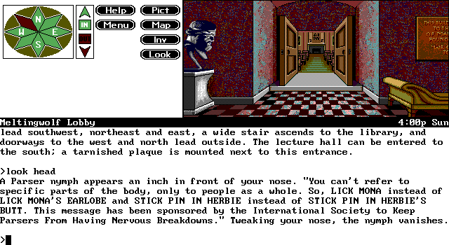 Spellcasting 201: The Sorcerer's Appliance (DOS) screenshot: Familiar locations from the first game return - sometimes slightly re-designed. You get a game lecture...