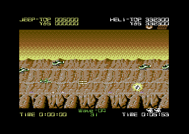 Silkworm (Commodore 64) screenshot: Destroying the helicopters of wave 04.