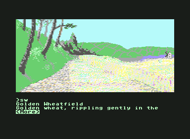 The Guild of Thieves (Commodore 64) screenshot: A beautiful wheatfield and green hills in the background.