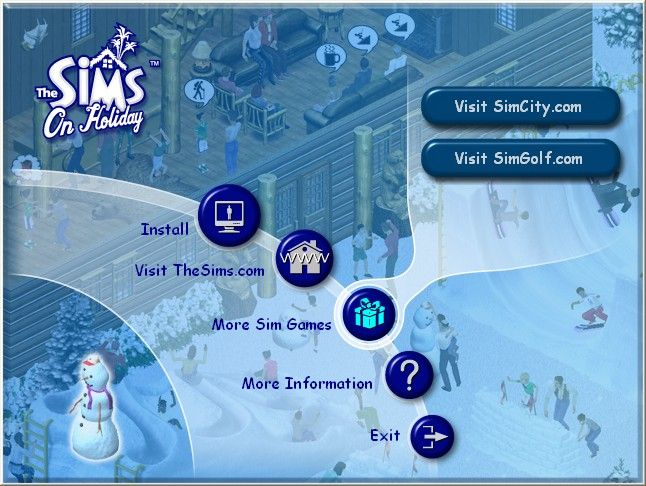 The Sims: Complete Collection (Windows) screenshot: The Sims on Holiday installation menu. All the installation menus follow the same format and colour scheme.