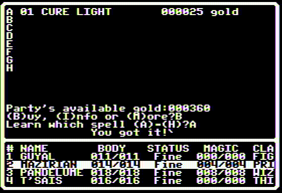 Dark Designs V: Search for Salvation (Apple II) screenshot: Learning a spell