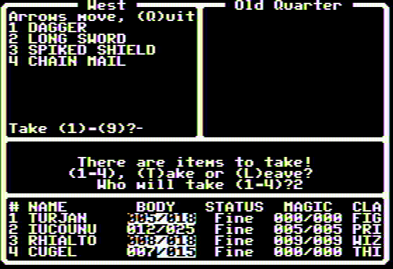 Dark Designs IV: Passage to Oblivion (Apple II) screenshot: And the reward: let's loot that corpse