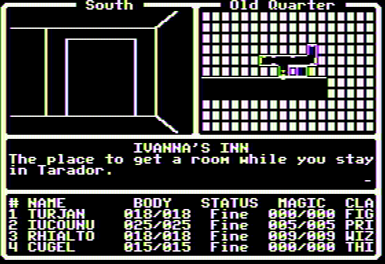Dark Designs IV: Passage to Oblivion (Apple II) screenshot: Getting cozy at the inn
