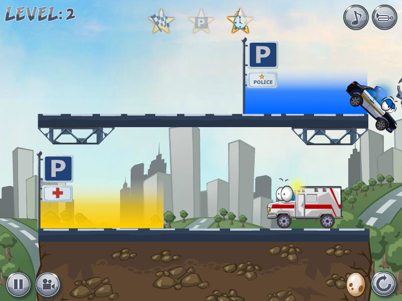 Car Toons (Browser) screenshot: The police car braked late and is about to fall down.