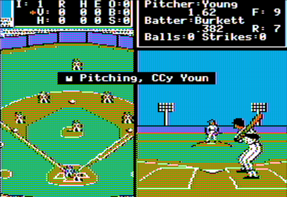 Earl Weaver Baseball (Apple II) screenshot: Cy Young is pitching