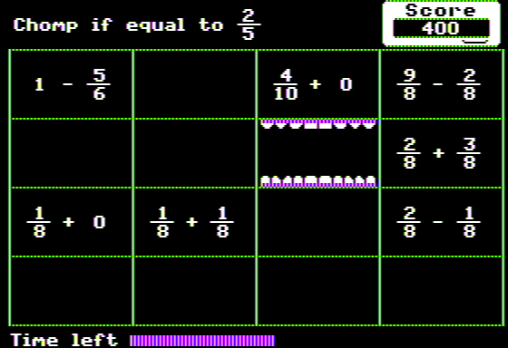 Conquering Fractions (+, -) (Apple II) screenshot: Chomp 2/5