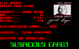Suspicious Cargo (Atari ST) screenshot: Intro screen 5 - File on a dodgy geezer.